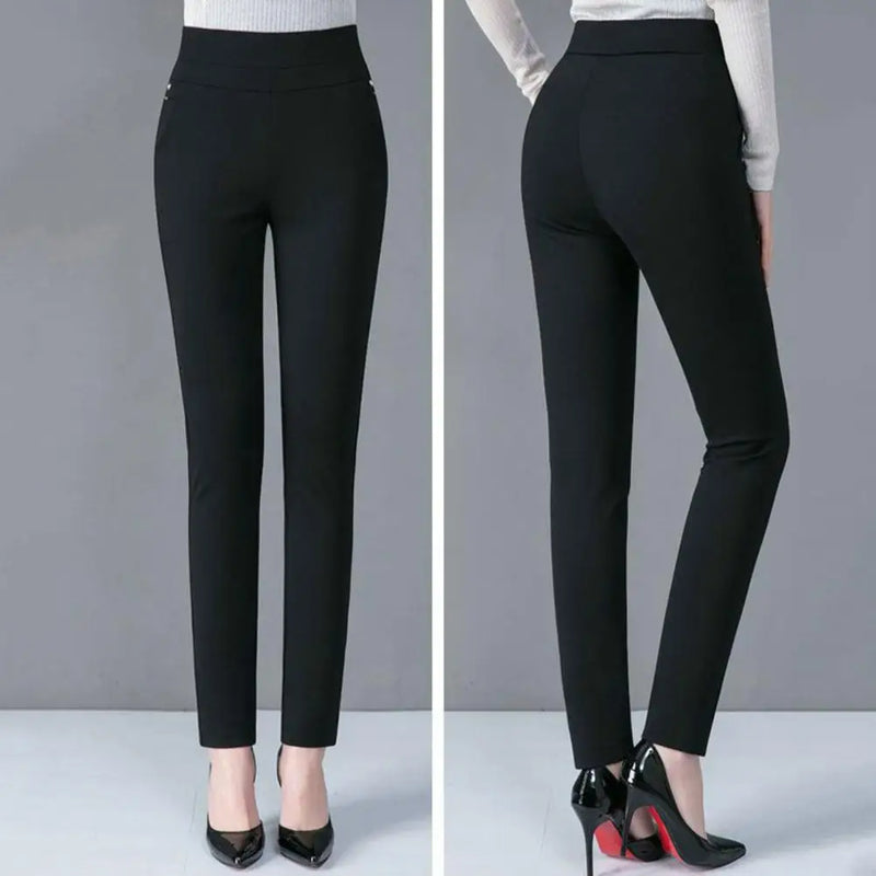 Calças Mãe Primavera Cintura Alta Casual Bolsos Elásticos Cor Sólida Top Slim Fit Plus Size Calças Lápis Roupas Femininas