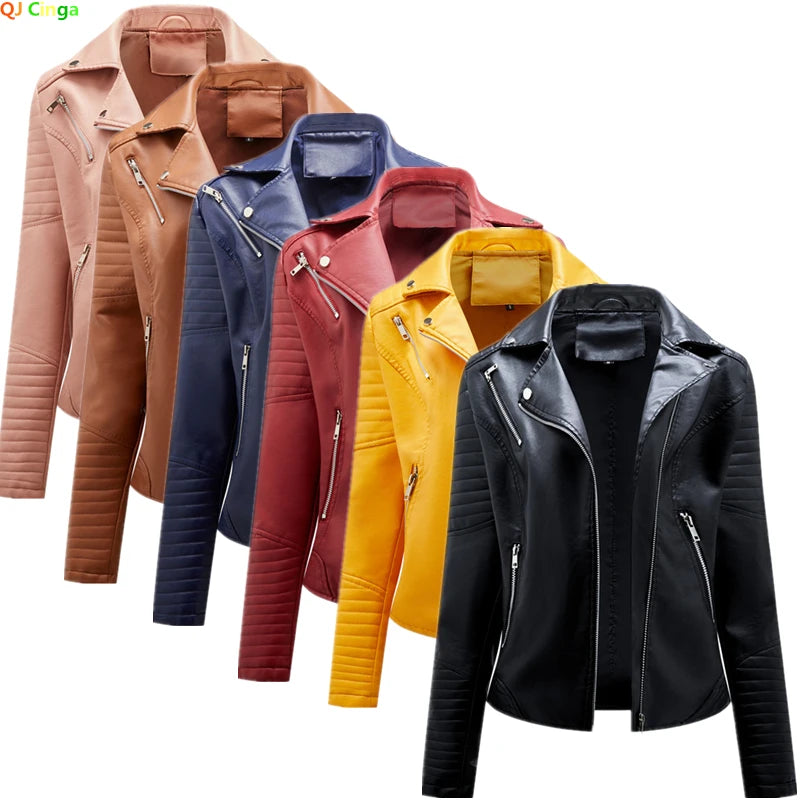 Jaqueta de couro sintético feminina, primavera/outono, com zíper, casual, casaco de couro sintético, roupa de motociclista feminina, tamanho P / GG