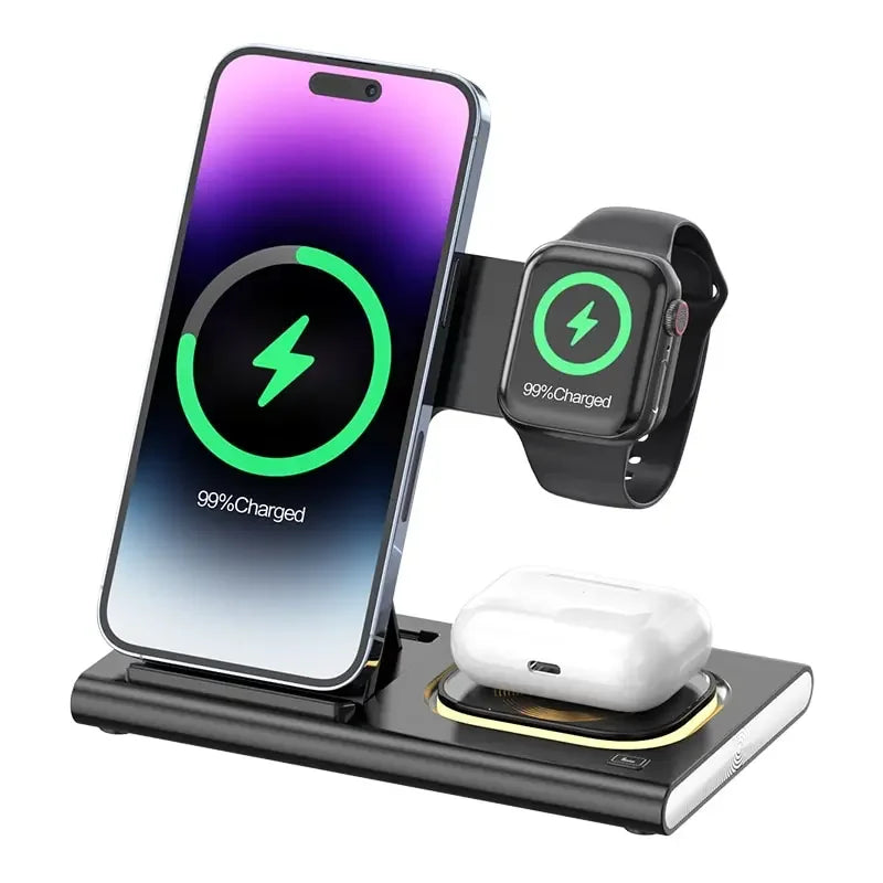 Suporte para carregador sem fio 3 em 1 para iPhone 15, 14, 13, 12, Samsung S23, S22, Galaxy Watch 5 e 4, estação de carregamento rápido para fones de ouvido ativos