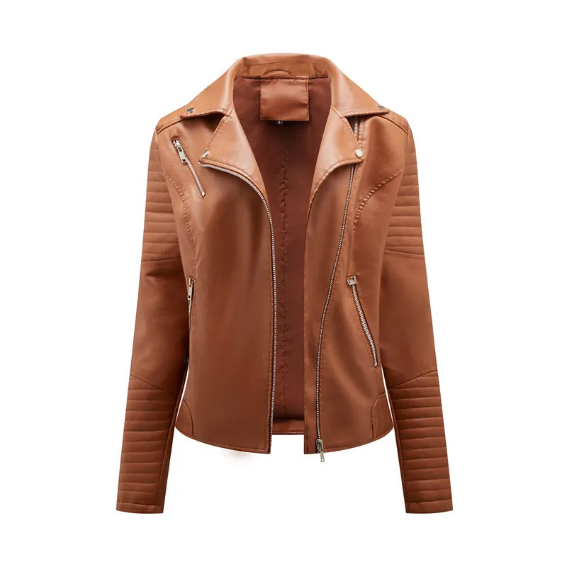Jaqueta de couro sintético feminina, primavera/outono, com zíper, casual, casaco de couro sintético, roupa de motociclista feminina, tamanho P / GG