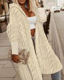 Cardigã Feminino Lazy 2025 Outono/Inverno Última Coleção Fuzzy Texturizado com Capô, Casaco Longo, Jaqueta de Manga Longa, Cor Sólida, Frente Aberta