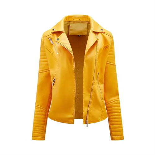 Jaqueta de couro sintético feminina, primavera/outono, com zíper, casual, casaco de couro sintético, roupa de motociclista feminina, tamanho P / GG