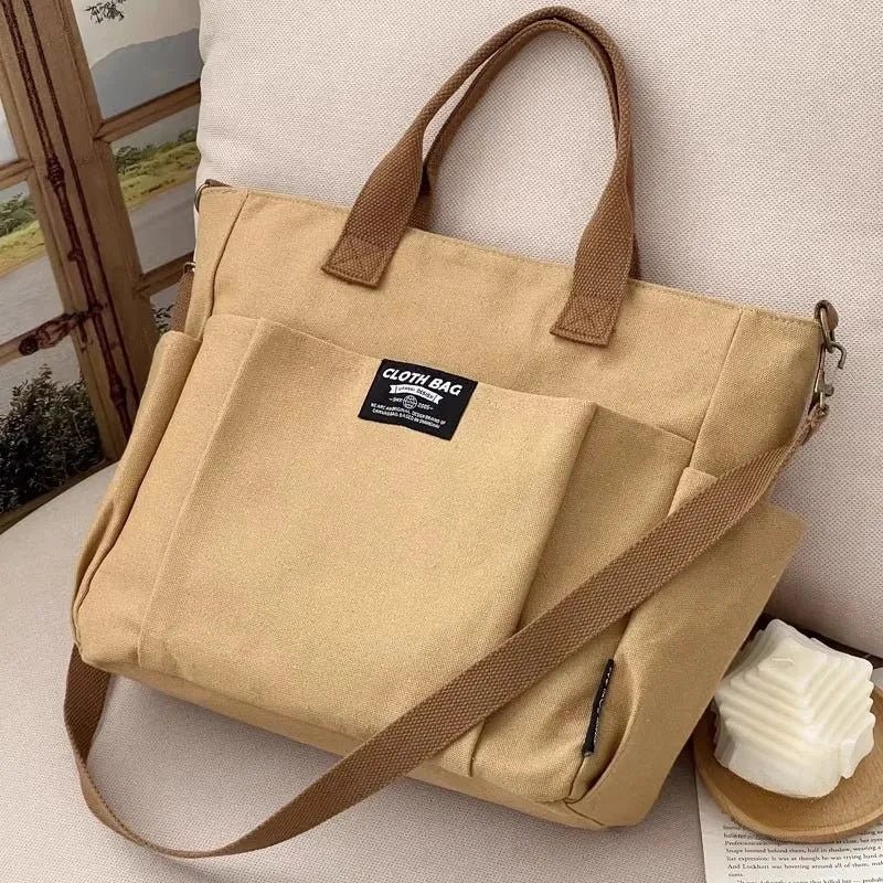 Bolsa tote portátil urbana minimalista, grande capacidade, para estudantes, de lona horizontal, com um ombro, diagonal e transversal