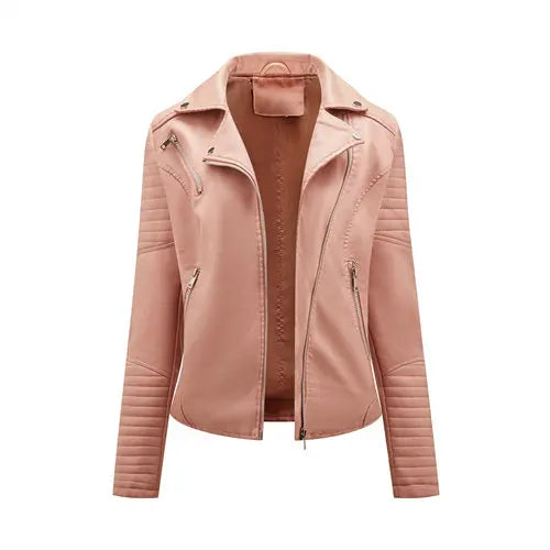 Jaqueta de couro sintético feminina, primavera/outono, com zíper, casual, casaco de couro sintético, roupa de motociclista feminina, tamanho P / GG
