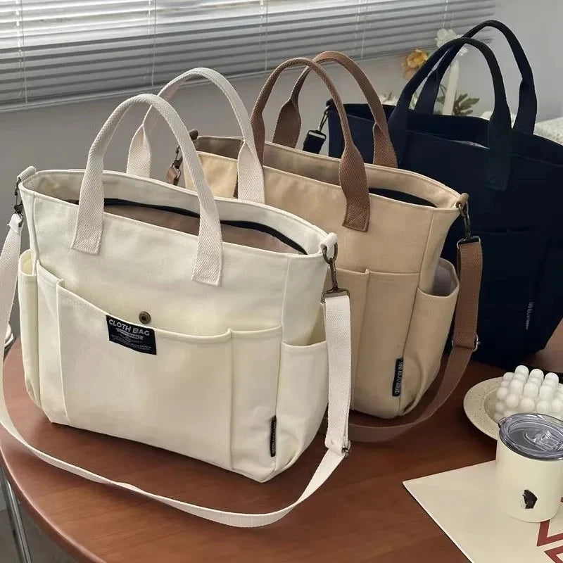 Bolsa tote portátil urbana minimalista, grande capacidade, para estudantes, de lona horizontal, com um ombro, diagonal e transversal