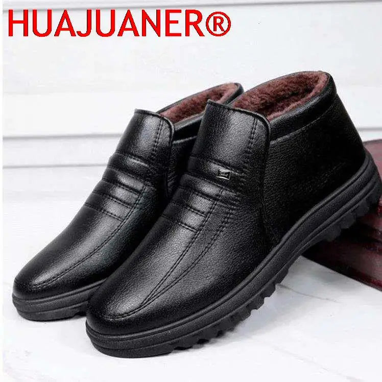 Sapatos masculinos casuais de couro, impermeáveis, de flanela, cano alto, sem cadarço, calçados casuais masculinos, de borracha, quentes, para inverno, para homens